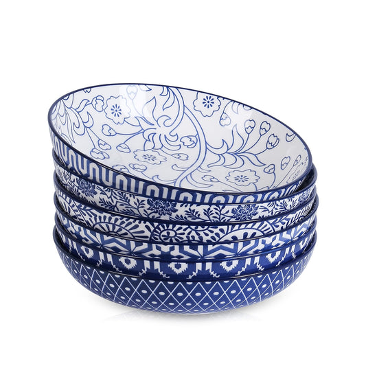 Selamica Ceramic Pasta Bowls Set 34 OZ, Large Salad Bowls 8.6 Inch Dinner Bowls for Kitchen, Wide Shallow Bowls Deep Plates for Pasta Soup, Microwave & Dishwasher Safe, Set of 6, Vintage Blue