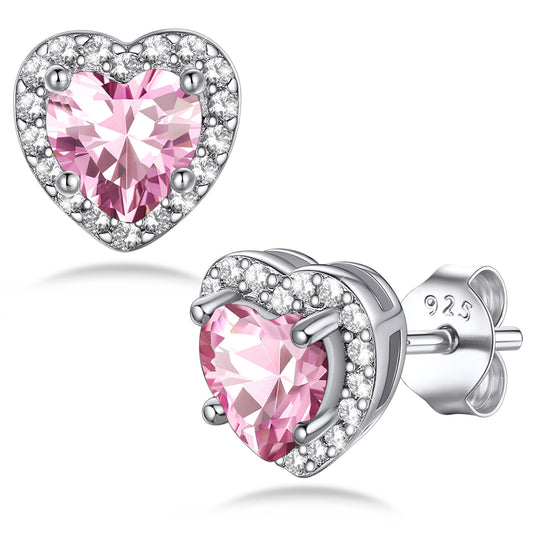 Bestyle Infinity Love Heart Stud Earrings with October Pink Tourmaline Birthstone Crystal, Brilliant Love Heart Diamond Studs Statement Jewelry for Women