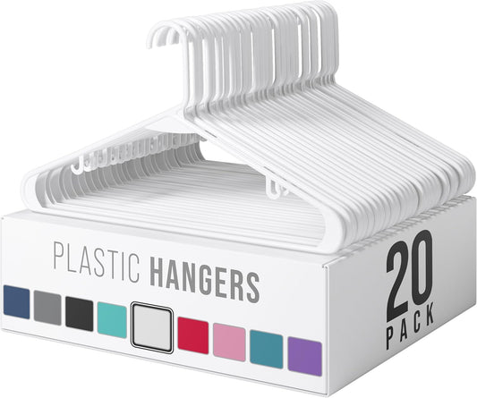 Plastic Hangers 20 Pack White - Space-Saving Clothes Hangers for Closet Organization | Perfect for Coats and Essentials