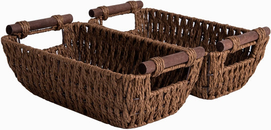 StorageWorks Handwoven Wicker Baskets - Round Paper Rope Storage with Wooden Handles | Dark Brown, 2-Pack