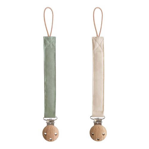 Mushie Linen Baby Pacifier Clip Holder - Soft Fabric Strap, 2-Pack in Olive & Shifting Sand