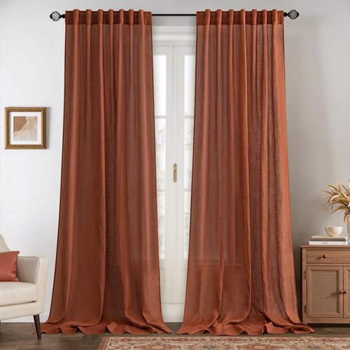 MIULEE Linen Curtains - 96 Inch Semi-Sheer Drapes in Burnt Orange | Soft Light Filtering Panels for Living Room & Bedroom