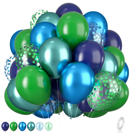 Blue and Green Balloon Set, 12 Inch Navy Blue Dark Green Balloons Metallic Chrome Ballons, Confetti Green Blue Balloons for Jungle Safari Theme Boys Birthday Party Decorations