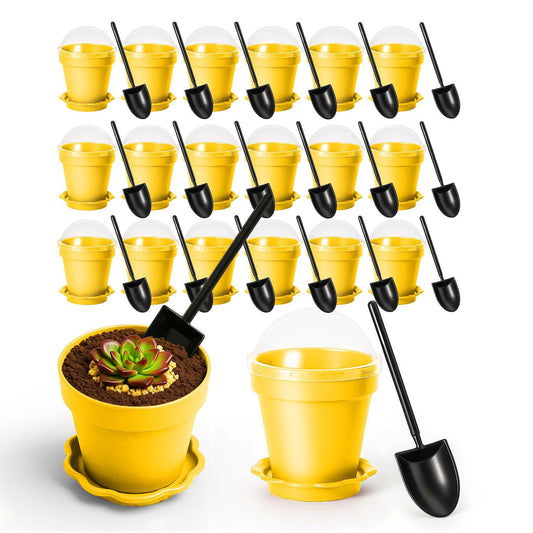 20 Pcs Nursery Pots with Humidity Dome, Flower Pot Dessert Cups with Bring A Plate and Shovel, Planting Cups for Seeds for Indoor Gardening and Plant Propagation(Yellow)