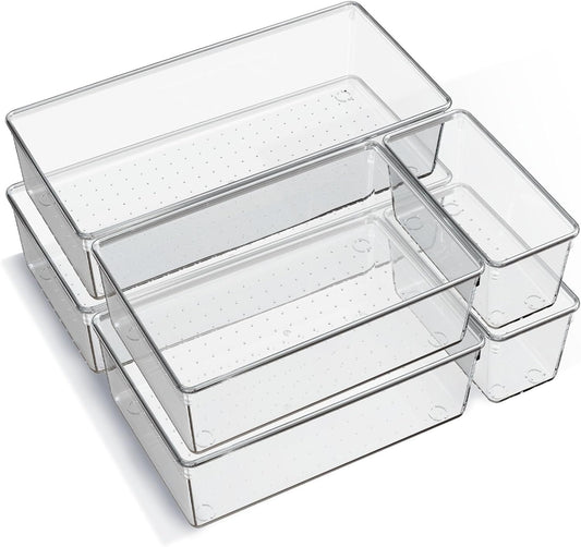 Skiennix 6-Pack Large Clear Plastic Drawer Organizer Trays - Non-Slip Storage Bins for Makeup, Kitchen Utensils & More