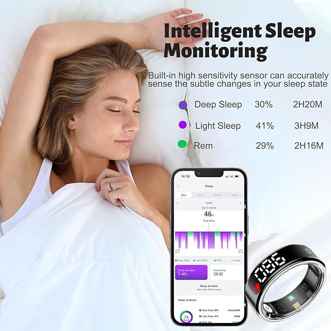Smart Health Ring for Women Men, Smart Ring Fitness Tracker for iOS Android, Heart Rate, Blood Oxygen, Blood Pressure, Sleep Monitoring,5ATM Waterproof, No Subscription Fee (Silver, 8#)