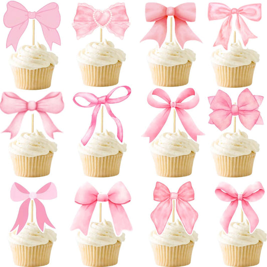 24PCS Coquette Bow Cupcake Toppers, Pink Bow Coquette Birthday Cake Decorations for Bachelorette Bridal Engagement Wedding Girl Baby Shower Bow Theme Party Decor