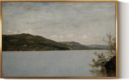 InSimSea Golden Framed Vintage Canvas Wall Art - Rustic Lake George Painting | Moody Grey Blue Landscape Decor for Bedroom & Living Room