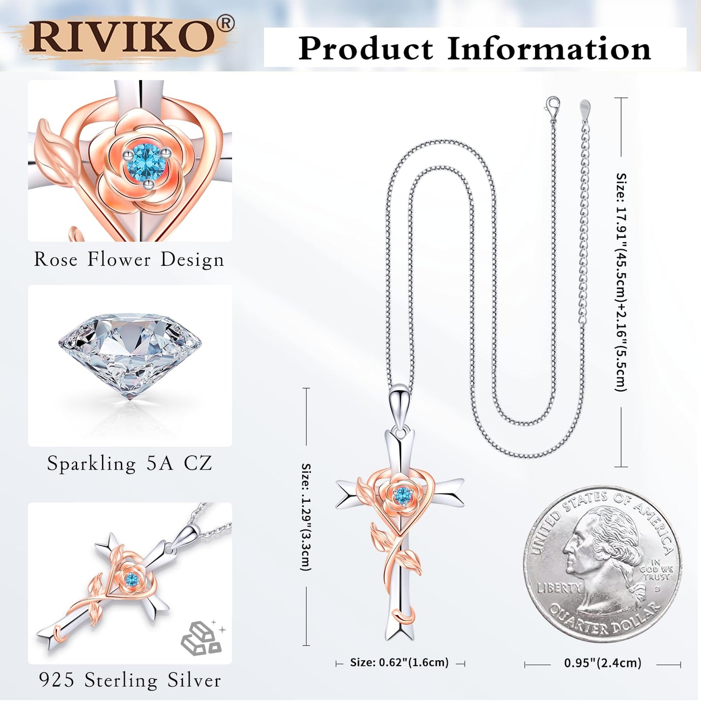 RIVIKO Mothers Day Gifts for Wife-925 Sterling Silver Cross December Birthstone Necklace for Women Cross Rose Pendant Necklaces Trendy Christmas Jewelry Anniversary Birthday Gift for Women Her Wife