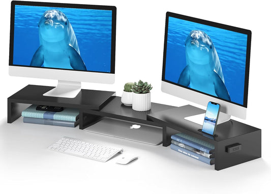 BONTEC Dual Monitor Stand Riser with Smartphone Holder, Adjustable Length & Swivel Angle, Ergonomic Wooden Desktop
