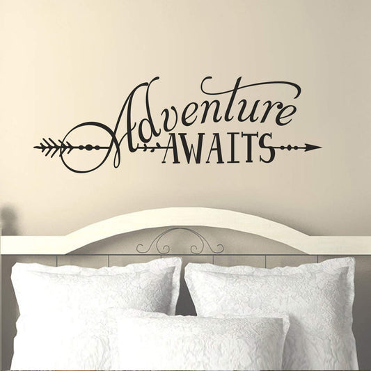 BATTOO Adventure Awaits Wall Decal Quote, Vinyl Lettering with Arrow, Adventure Quote Travel Wall Decal Sticker 22" W 7.5" H, Tribal Theme Room Decor, Black