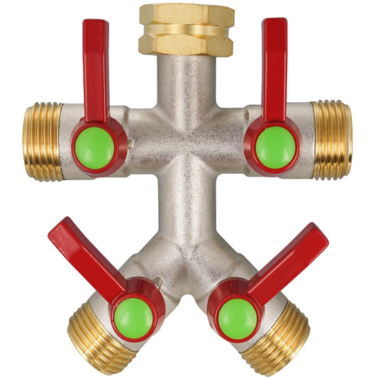 DINGBAI Hose Splitter 4 Way, High Flow Garden Hose Splitter, 3/4” Ght Inlet Brass Heavy Duty Hose Converter, Full Flow water 4 Way Faucet hose splitter, Long Handle Hose Valve Large Outlet.