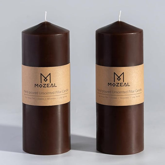 MOZEAL 3" x 8" Hand-Poured Unscented Candles,Large Brwon Pillar Candles Set of 2,No Drip,Approx 120 Hours Long Burning,Wedding,Dinner,Christmas and Home Decor（3 Inch Diameter 8 Inch Height）
