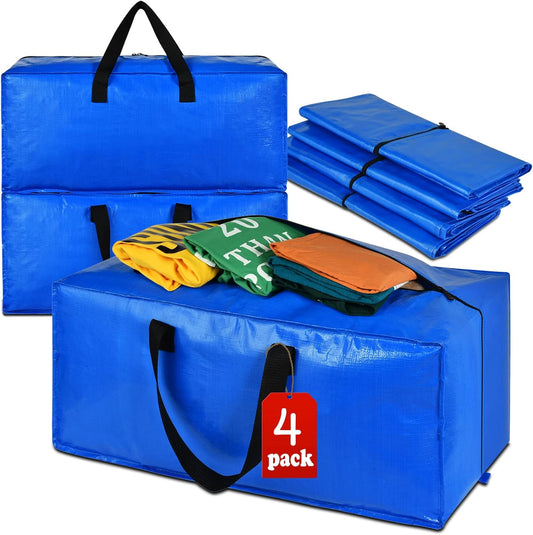 Skiennix 4 Pack Heavy Duty Extra Large Moving Bags - Strong Handles & Backpack Straps - Blue Storage Solution