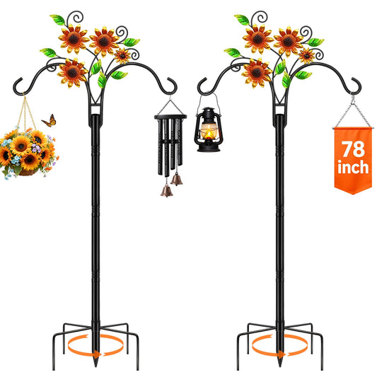 Double Shepherds Hooks for Outdoor, 2 Pack 78 Inch Bird Feeder Pole with 5 Prongs Base, Adjustable Heavy Duty Plant Hangers Sunflower Art for Outdoor Plants Hummingbird Feeder Hanging Basket Lantern