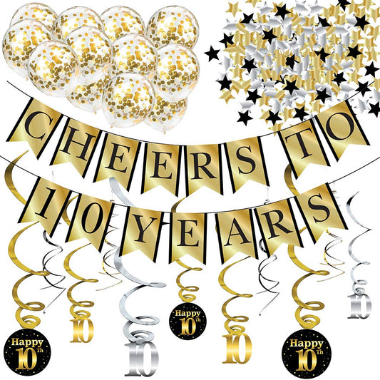 10th Birthday and Anniversary Decorations Party Pack - Pre-Strung Banner, Balloons, Swirls - 10th Birthday Decorations for Him or Her - Party Supplies and Gifts