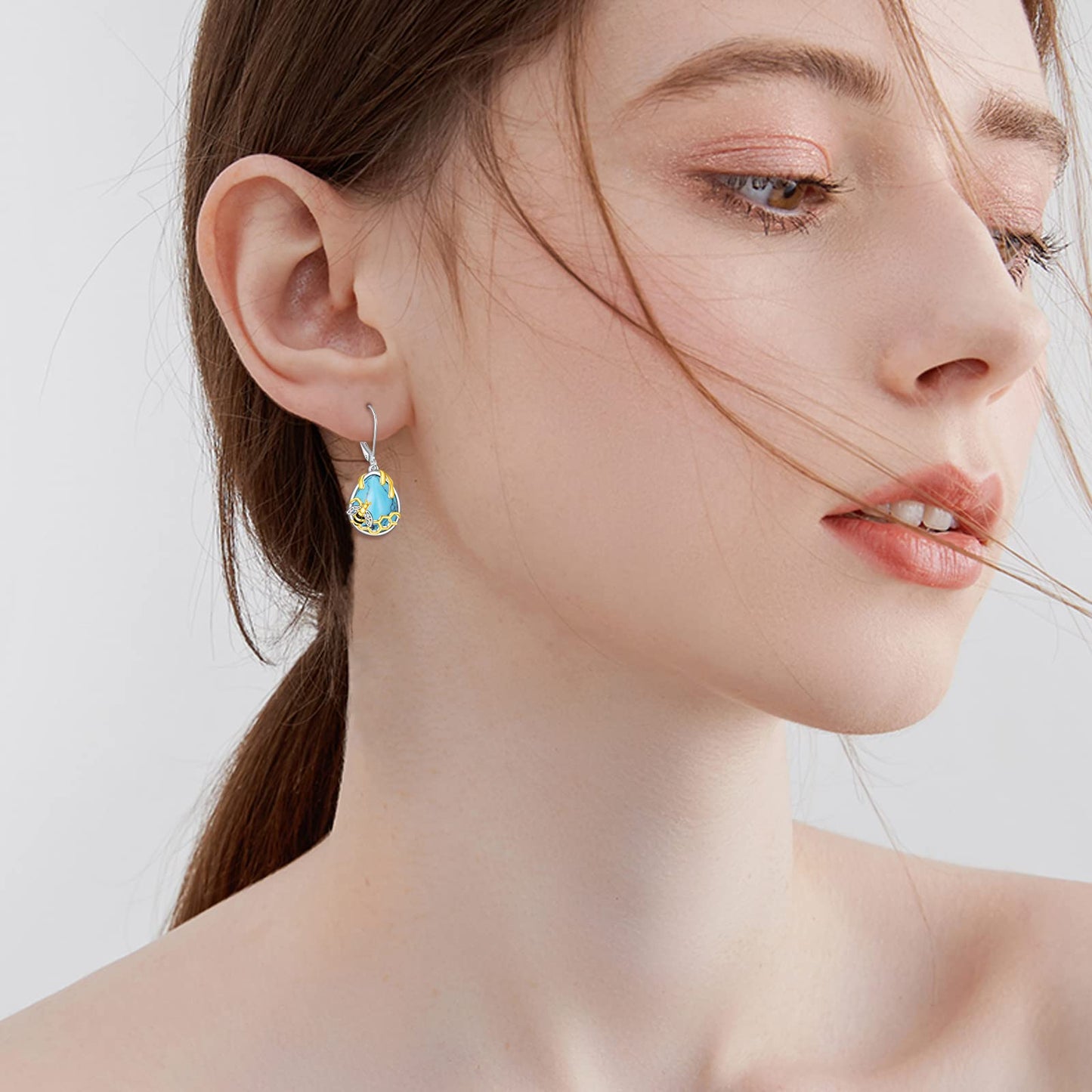 YFN Honeycomb Bee Turquoise Earrings 925 Sterling Silver Teardrop Dangle Hypoallergenic Leverback Earring for Women