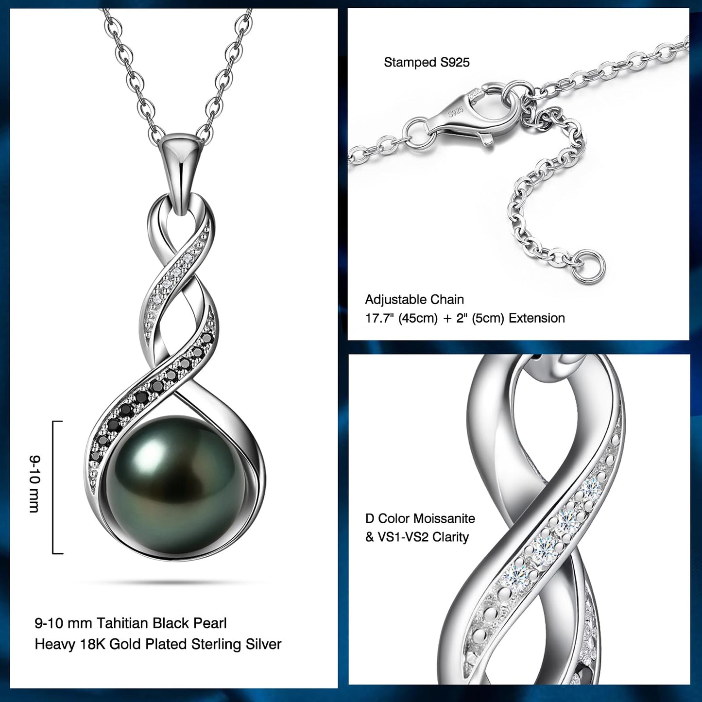 Genuine Tahitian Black Pearl Necklace - Christmas Gift for Wife Mom Daughter, Jewelry Gifts for Anniversary Wedding Birthday, 9-10mm Seawater Pearl with Sterling Silver Moissanite Infinity Pendant
