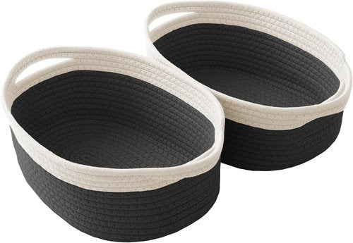 JMvicyroam Woven Storage Baskets - Small Rope Organizer with Handles | White & Black, 2-Pack for Gifts & Toys