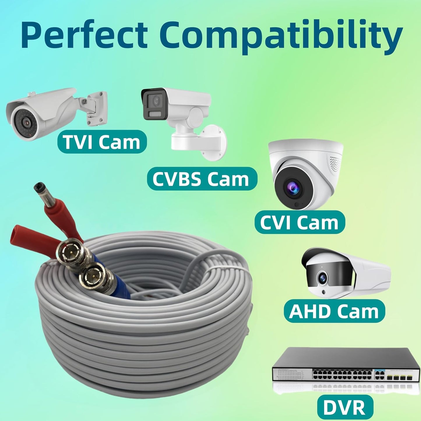 2PCS 100ft/30m 4BNC Integrated BNC Video Power Cable Extension. Ideal for Security Cameras, CCTV, Surveillance, and DVR