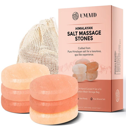 UMAID Himalayan Salt Massage Stones 6-Pack – Pink Crystal Spa Stones with Cotton Mesh Bag for Relaxation, Self-Care, Meditation & Wellness, Unique Spa Gifts for Men & Women