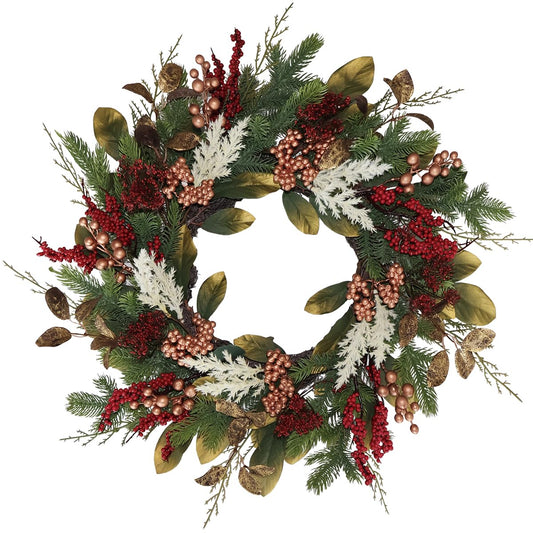 BINFEN 20" Gold Red Berries Christmas Wreaths for Front Door, Metallic Finish Eucalyptus Leaves Winter Xmas Wreath Outdoor Holiday Decoration, Door Wreath Decor for Farmhouse Front Porch Wall Window