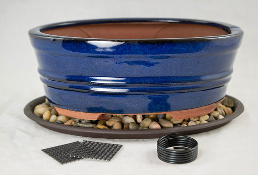 8.25" Oval Dark Blue Stain Glazed Bonsai Pot, Cactus & Succulent Planter + Tray + Rock + Mesh and Wire Combo (658-8B Combo)