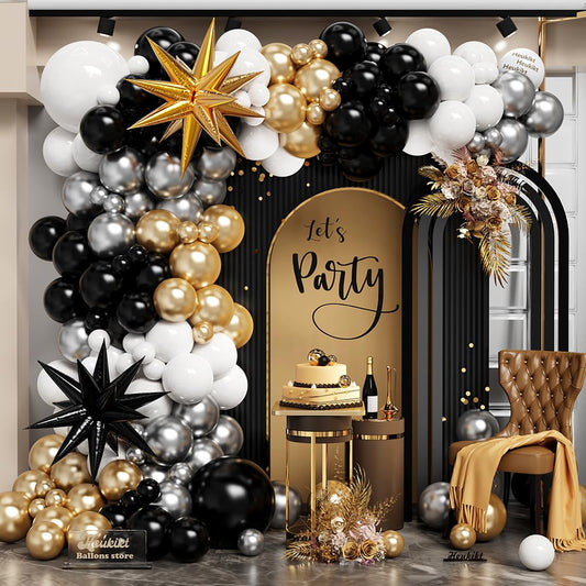 Black White Gold and Silver Balloons Arch Kit, 148PCS Graduation Balloon Arch Garland Kit With Black and Gold Star Foil Balloons for Anniversary Birthday Graduations New Year Party Decorations
