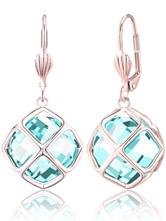 Big Light Blue Crystal Dangle Earrings for Women (Mar-Aquamarine-Rose Gold)