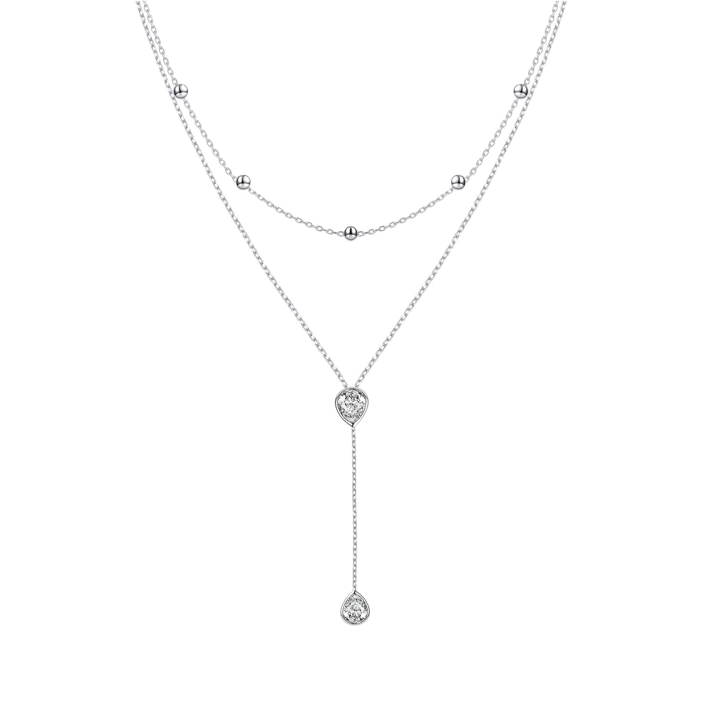 FLYOW S925 Sterling Silver Double Layered Necklace Teardrop CZ Choker Y Lariat Necklace Birthday Gifts for Women Wife Fiancée