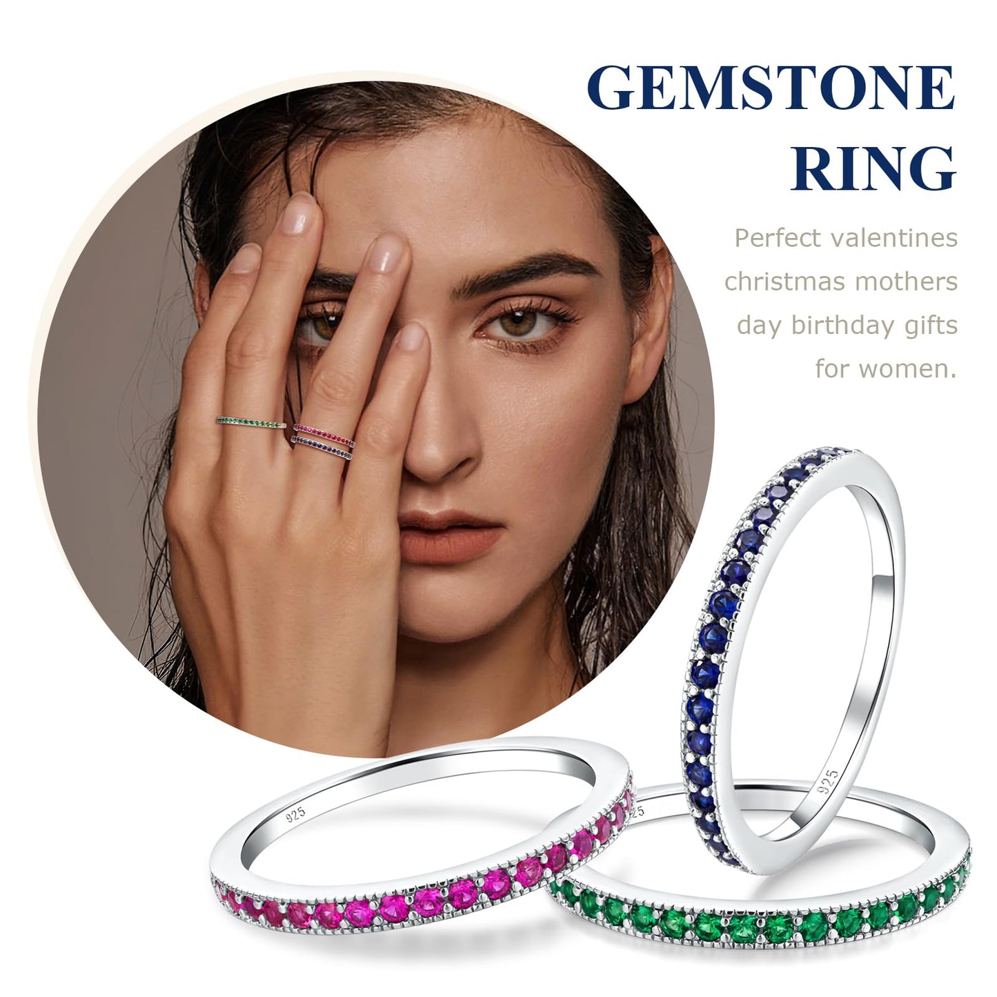 AGRULE Sapphire Eternity Band Stackable Wedding Rings for Men Women Sterling Silver Polished Finish September Birthstone Rings Saphire Ring Size 6