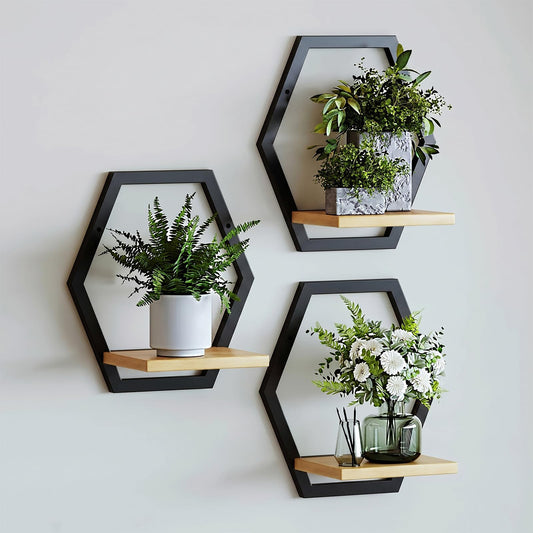 Rioneta 3 Pack Solid Wood & Heavy Duty Metal Wall Plant Stands,9 inch Natural Wood Shelf, Boho Arch Hanging Planter for Indoor 25 LB Load for Plants Black