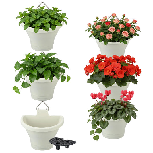 MADHOLLY 6Pcs Vertical Hanging Planters for Outdoor Plants - Wall Plant Holder for Indoor Decorations Garden Fence, Plastic Flower Pots with Drainage Grid and Hooks (White)