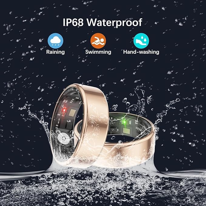 Smart Health Rings for Women Men, Fitness Tracker with Heart Rate, Blood Oxygen, HRV, Sleep Tracker, Step Tracker, No Subscription Fee, IP68 Waterproof Smart Ring for iphone & Android (Gold, 10#)