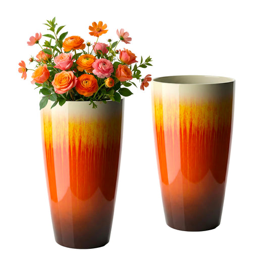 LESOASIS 21 inch Tall Planter, Set of 2 Tall Planters for Outdoor & Indoor Plants, Large Outdoor Planters for Front Porch, Patio, Garden (Orange Flowing Glaze)
