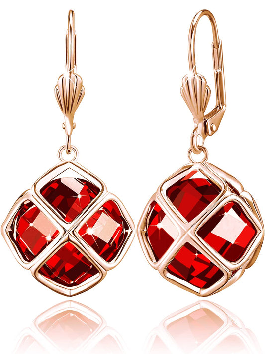 Big Dark Red Crystal Dangle Earrings for Women (Jan-Garnet-Rose Gold)