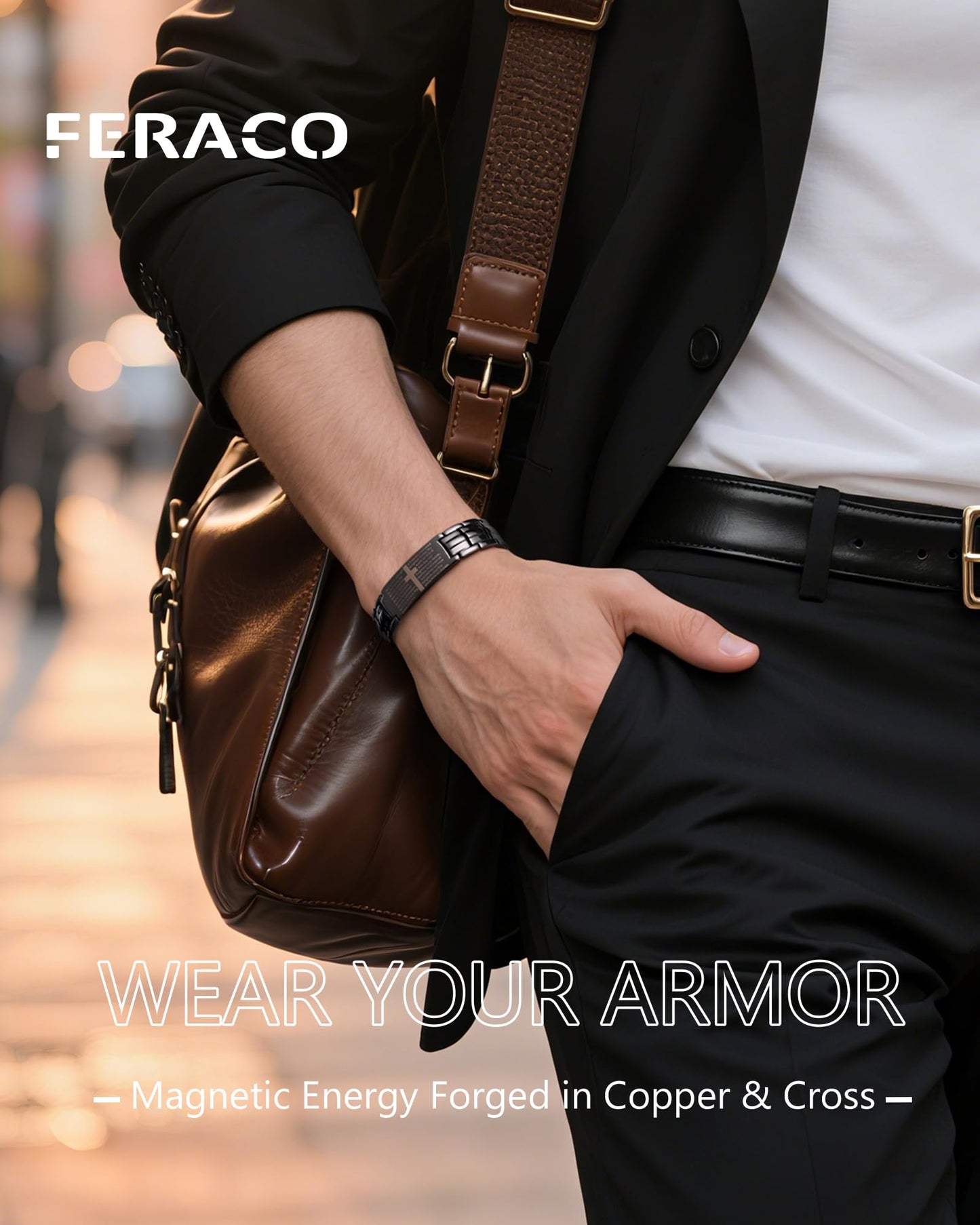 Feraco Copper Cross Bracelet for Men,99.99% Pure Copper Magnetic Therapy Bracelets with 46 Magnets（Black）