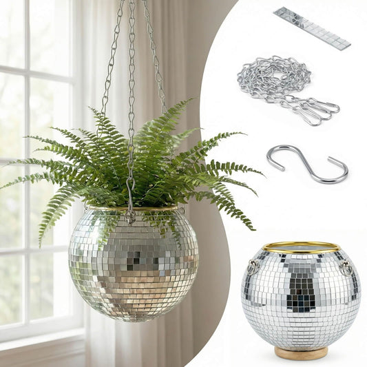 Bertork 5” Disco Ball Hanging Planter for Small Plants Lightweight Mirror Ball Decor with Chain & Hook for Indoor or Covered Outdoor Use