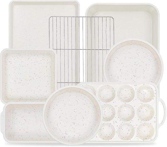 Vinino 8-Piece Nonstick Baking Pans Set - Silicone Muffin, Loaf & Cake Pans with Metal Reinforced Frame & Roasting Pan | Oven Safe, Cream Color