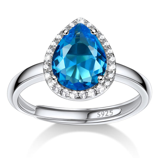 Bestyle CZ Teardrop Diamond Rings 5mm December Blue Topaz Birthstone Solitaire Rings, 925 Sterling Silver Rings Jewelry Gift for Wedding Anniversary Birthday