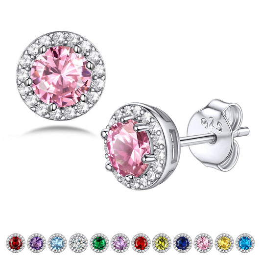 Bestyle Infinity Love Round Stud Earrings with October Pink Tourmaline Birthstone Crystal, Brilliant Love Round Diamond Studs Statement Jewelry for Women