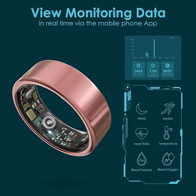 Smart Ring Health Monitoring 5ATM Waterproof Fitness Tracker with Glossy Titanium Surface Blood Oxygen/Sleep/Stress Tracking Women?™s Cycle Prediction Sport Ring Compatible with iOS/Android Ink 9