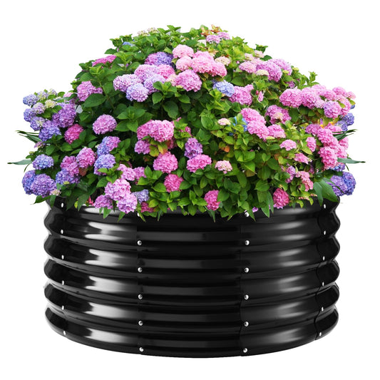 YSEJOMP 17" Tall Round Outdoor Garden Raised Garden Bed Kits-0.8MM Thick Metal Raised Planter Bed/Ground Planter Box for Variety of Flowers,Herbs,Vegetables,Trees (Black, 32 Dia X 16.5 inches)