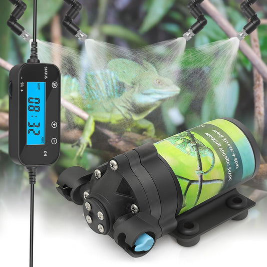 Reptile Misting System with Timer, 6 Adjustable-Joint Nozzles, Self-Priming Pump, Quiet Fine Mist for Chameleons, Geckos, Frogs & Terrariums
