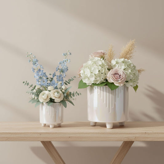 Set of 2 Iridescent Line Footed Planters with Ivory Accents – Ceramic Stoneware Outdoor & Indoor Plant Pot – Modern Garden & Home Decor Ceramic Planters – 6" & 8", Ivory