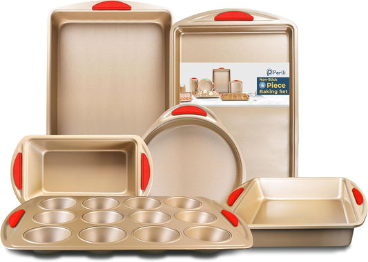 Perlli Baking Kit - Nonstick Gold Steel Oven Set with Silicone Handles | 6-Piece Bakeware Collection