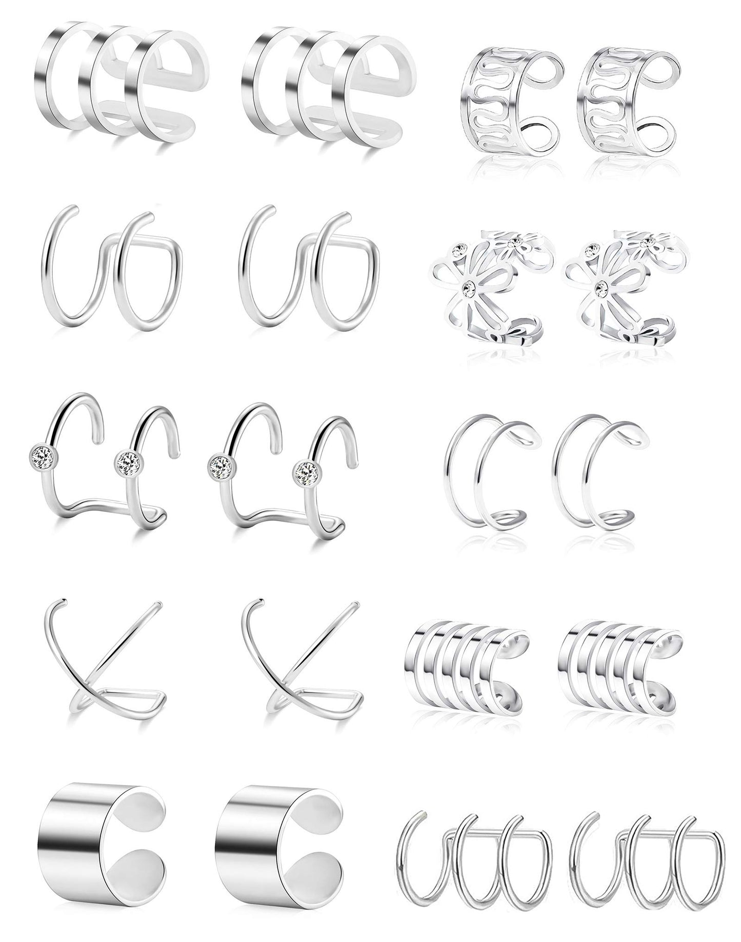 Tornito 4-10 Pairs Stainless Steel Ear Cuff Helix Cartilage Clip On Wrap Earrings Fake Nose Ring Non-Piercing Adjustable (A0:10 Pairs, Silver)