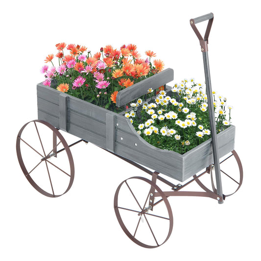 CHEFJOY Wooden Wagon Planter, Decorative Garden Wheelbarrow Planter with 2 Planting Sections, Rolling Wheels, Adjustable Handle, Small Wagon Cart Planter Stand for Flowers Vegetables Herbs (Grey)