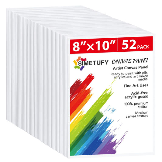 Simetufy Canvas Boards for Painting 52 Pack 8 x 10 Inch Blank Flat Canvas Panels 100% Cotton Pre-Primed for Acrylic & Oil Paint, Art Supplies for Kids & Adults