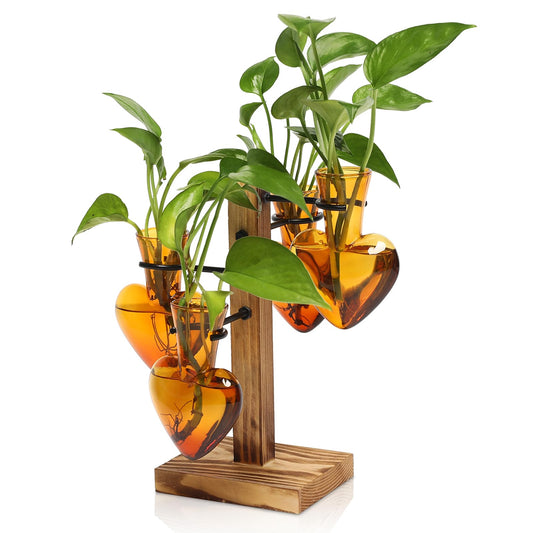 CYZglass Plant Terrarium Propagation Stations with Wooden Stand, Glass Vase for Indoor Hydroponics Home Garden Office Decoration Gift for Women - 4 Love Bulb Vase